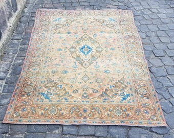 Turkish Rug 6.9 x 4.4 ft Oushak Area Rug: Vintage Hand-Knotted Wool - Organic Materials