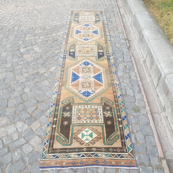 Turkish Rug - Rug , vintage runner rug ,  original rug , stair rug , tribal rug ,Turkish rug 2.9x12.5 feet Copper Color Rug  Hall Rug Woven