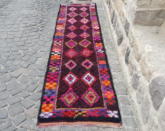Autentyczny marokański dywan Runner: Dywan z wełny vintage - ręcznie robiony, stonowane kolory, 11 x 2,7 stopy, oryginalny marokański dywan plemienny z organicznej wełny 4209
