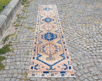 Alfombra de lana anudada a mano: 4,2 x 0,8 m, diseño tribal turco vintage