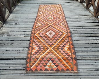 Vintage KELIM LÄUFER Teppich – Handgeknüpfter türkischer Teppich, 10,5 x 3,1 Fuß Vintage Wollläufer Teppich Antiker Stammesläufer Teppich Vintage Teppich Bodenteppich