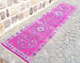 Vintage Handmade Moroccan Runner Rug  2.8x10.8 ft Pink Color Hallway Stair Rug