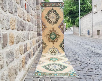 Handknotted Turkish Runner Rug for hallway , Vintage Wool (13x3 ft) Kitchen runner rugs
