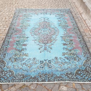 Tapete persa vintage turco Oushak: floral desbotado, lã orgânica (3,2 x 1,7 m)