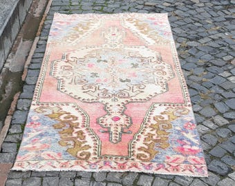 Turkish Area Rug , Pink Handmade Rug ,  (7x4 ft Hand-Knotted) Wool Rug for livingroom