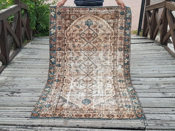 Vintage Wool Runner Rug: Hand-Knotted Bohemian Style, 4.4x2.4 ft
