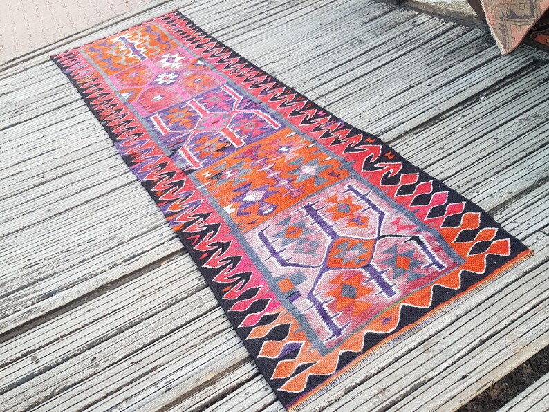 Vintage Rug Turkish Rug Runner Rug Handmade Wool Area Rug for livingroom  ( 10.5 x 3 ft) Unique Colorful Turkish Runner Rug Wool Rug 4415
