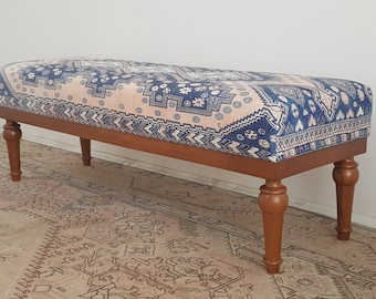 Handmade Kilim Rug Bench: Printed Linen Ottoman, Hornbeam Legs