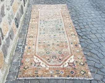 Vintage Wool Runner Rug, Pastel Oriental Style (9.6 x 3.7 ft)