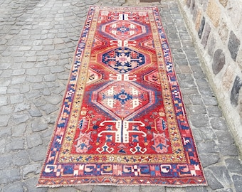 Turkish Runner Rug: Vintage Wool, Red and Blue - Handmade, Distressed