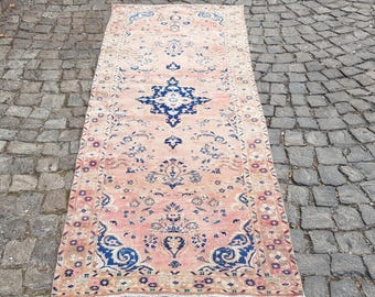 Turks tapijt 10 x 3 ft loper handgeweven Oushak, zachtroze blauwe kleur voor keuken