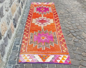 Vintage Turkish Runner Rug - Copper Color Rug & Tribal Pattern  10.3 x 2.9 Feet Persianİ Rug Vintage Rug Antique Rug Decorative Rug Wool Rug