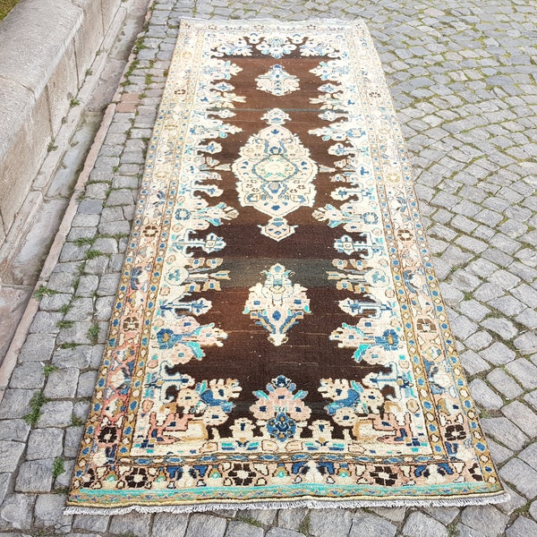 Light Color  Rug , vintage runner rug , turkish area rug , stair rug , kitchen floor rug , tribal rug , - 10.2 x 3.4 feet no: N 450 Turkish