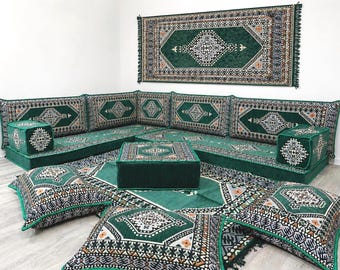 Sofa w kształcie litery L w stylu arabskim, kanapa w stylu marokańskim w kolorze zielonym, narożna, zmywalne pokrowce z wytrzymałej pianki