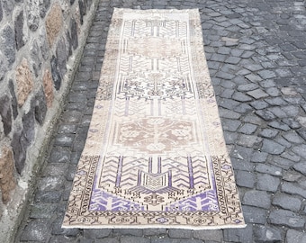 Turkish Rug 10.3 x 2.8 ft  RARE Runner Narrow Neutral Color Hallway Kitchen Stair Rugs