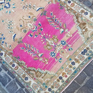 May include: A rectangular area rug featuring a vibrant hot pink central panel contrasted against a muted peach background. The rug is decorated with intricate floral and botanical motifs in shades of blue, cream, and brown, framed by a detailed border.