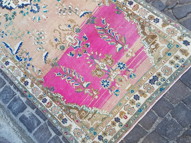 May include: A rectangular area rug featuring a vibrant hot pink central panel contrasted against a muted peach background. The rug is decorated with intricate floral and botanical motifs in shades of blue, cream, and brown, framed by a detailed border.