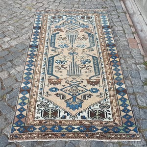 Persian Rug Vintage Turkish Oushak Runner Rug: Tribal Stair Rug (8 x 2.3 ft)