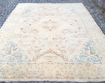 RARE Oversize Turkish Rug 9.4x12.4 ft for Living Room Bedroom Area , Unique , Wool , Vintage Neutral Color