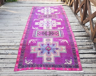 Vintage-Teppich – Persischer Vintage-Teppich – Türkischer Läufer – Handgewebter Wollteppich in gedeckten Farben, 3 x 125 cm (9,8 x 4,1 Fuß), Stammes-Teppich, Bodenteppich aus Bio-Wolle