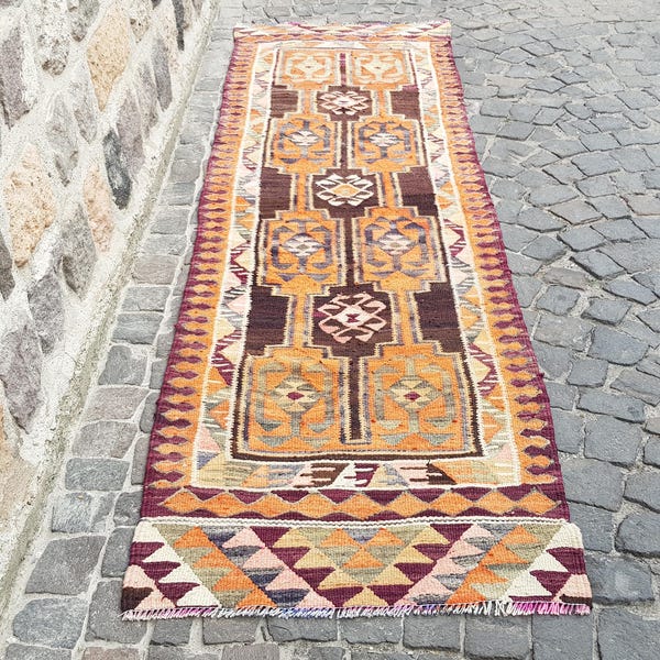 Kilim Rug Vintage Runner Handmade Wool Runner Organic Wool Runner Turkish Rug - Vintage Handwoven Floor Rug  10.4 x 3.1 feet Persianİ Rug