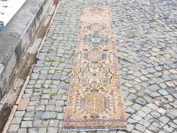 Handmade Wool Turkish Runner Rug: Vintage Persian Woven Rug (12.4 x 1.9 ft)