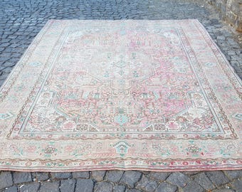 Rug for Living room 11 x 8.2 ft Handmade Wool Unique Oversize Pink Neutral Turkish Vintage