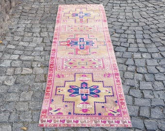 Runner Rug 10.2 x 2.6 ft Vintage Handmade Wool Color Geometric Patterns