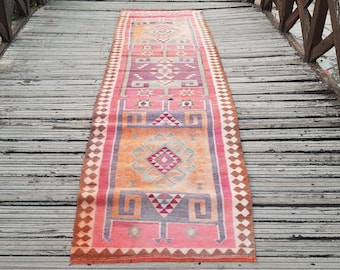 Türkischer Teppich Handgewebter Wollteppich Läufer Rosa Oushak Türkischer Teppich, 11 x 3,1 Fuß Vintage KILIM Teppich - Vintage KILIM Läufer Teppich Handgefertigter Wollläufer
