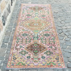 Handmade Vintage Oushak Runner Rug: 9.6 x 3.1 ft Pink Wool Turkish Rug
