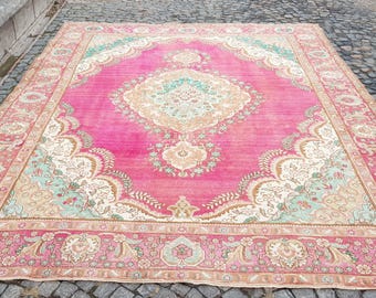 Turkish Rug Vintage Turkish Rug, Pink Floral Oushak Carpet, Distressed Area Rug