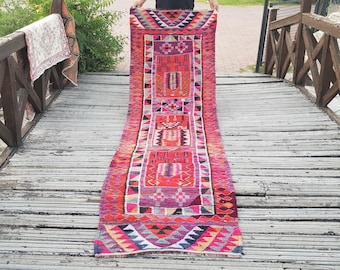 Vintage-Läufer aus Wolle, pastellfarbener orientalischer Stil, Vintaga-Kelim-Teppich, Läufer (10,5 x 2,9 Fuß ft), Vintage-Kelim-Teppich, Woll-Kelim-Läufer, Florflor