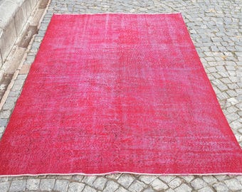 Red Overdyed Turkish Oushak Rug for livingroom 9.4 x 5.7 ft , low pile area rugs bedroom wool