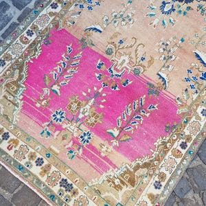 May include: A rectangular area rug featuring a vibrant hot pink central panel contrasted with soft peach sections. The rug is decorated with intricate floral and botanical motifs in shades of blue, brown, and cream, framed by a detailed patterned border.