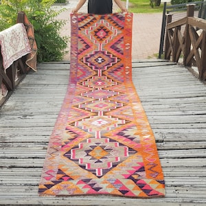 Kilim Rug Vintage Runner Handmade Wool Runner Organic Wool Runner Turkish Rug - Vintage Handwoven Floor Rug  11 x 3.2 feet Persianİ Rug