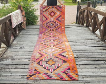 Kilim Rug Vintage Runner Handmade Wool Runner Organic Wool Runner Turkish Rug - Vintage Handwoven Floor Rug  11 x 3.2 feet Persianİ Rug
