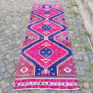 Persian Rug Handmade Vintage Oushak Rug: 10.3 x 3 ft. Pink & Blue Turkish Rug