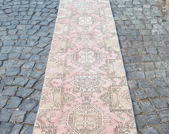 Handmade Boho Wool Runner Rug  11.5 x 2.5 feet  Turkish Organic,Pastel Tribal Pattern  Unique