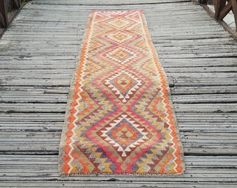Vintage-Läufer – Perserteppich, handgewebter türkischer Läufer – Vintage-Hellcreme und -Braun, 3 x 0,8 Meter, Bio-Baumwolle