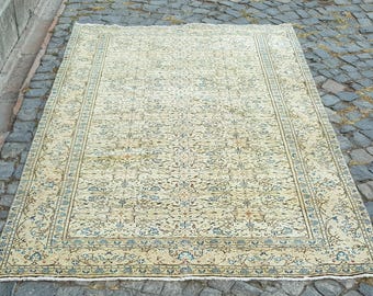 Alfombra turca vintage - Estampado floral desgastado en beige y azul