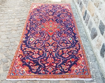 Vintage Wool Rug Runner: Handwoven Blue Color , Soft Colors 9.5 x 4 Feet Persianİ Runner Rug Organic Wool Rug Vintage Runner Rug Tribal Rug