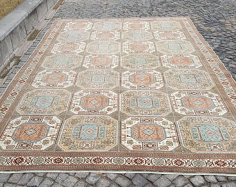 Alfombra grande de lana turca, colorida alfombra bohemia (3,7 x 2,6 m)