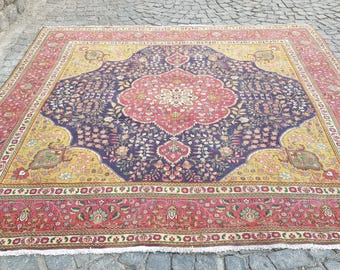 Vintage Turkish Rug Handmade Wool Vintage Rug ( 9.6 x 9.5 ft) Organic Wool Rug - Oriental Rug Floor Rug Tribal Rug  Pastel  Pile Rug 4354