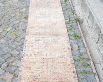 Vintage Turkish Runner Rug - Hand-Knotted Neutral Color Oushak Rug 8.7 x 2.3 feet