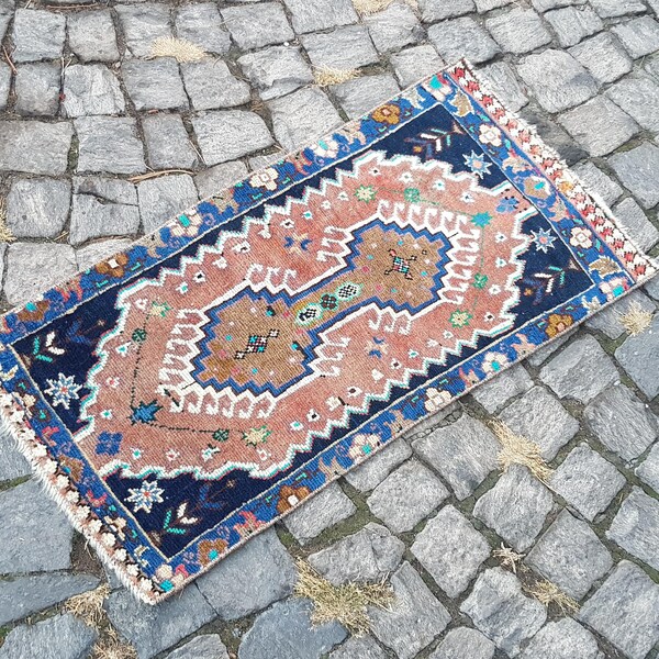 Vintage Turkish Runner Rug: Handwoven Wool and Cotton, 2.9x1.4 ft