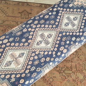 May include: A blue and cream patterned rug with a diamond design. The rug has a traditional Persian style.