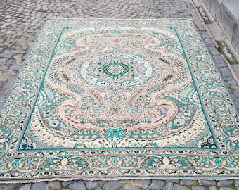 Vintage Persian Area Rug, Distressed Floral Carpet, Pink & Teal Medallion Rug