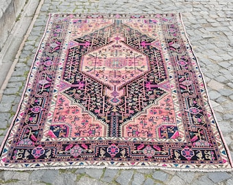 Persian Rug Handknotted Wool Persian Rug - Pale Neutral Vintage Rug ( 8.4 x 4.8 ft) Pink and Blue Color Rug
