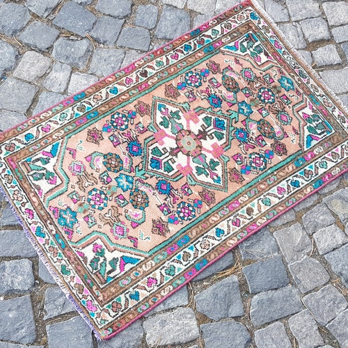 Door mat bath closet mat small hadnknotted persian rug , vintage turkish rug , rugs for gift 3.3 x 1.6 Feet shops 96 x 62 CM g2806