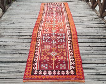 Vintage türkischer Wollteppich, Vintage Kelim Läufer - Vintage Kelim Teppich - Vintage Teppich - Vintage Läuferteppich - Oushak Läufer (335 x 90 cm, handgefertigt)
